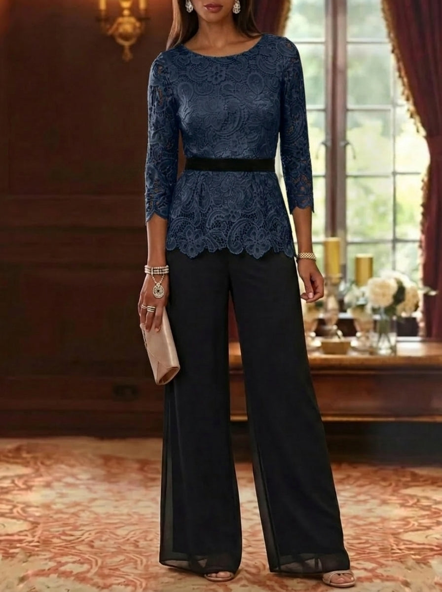2 Piece Scoop Chiffon Mother of the Bride Pantsuits Lace 3/4 Sleeves Ankle-Length Belt