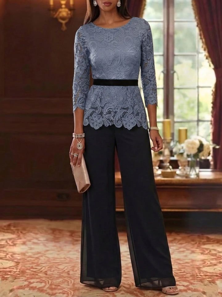 2 Piece Scoop Chiffon Mother of the Bride Pantsuits Lace 3/4 Sleeves Ankle-Length Belt