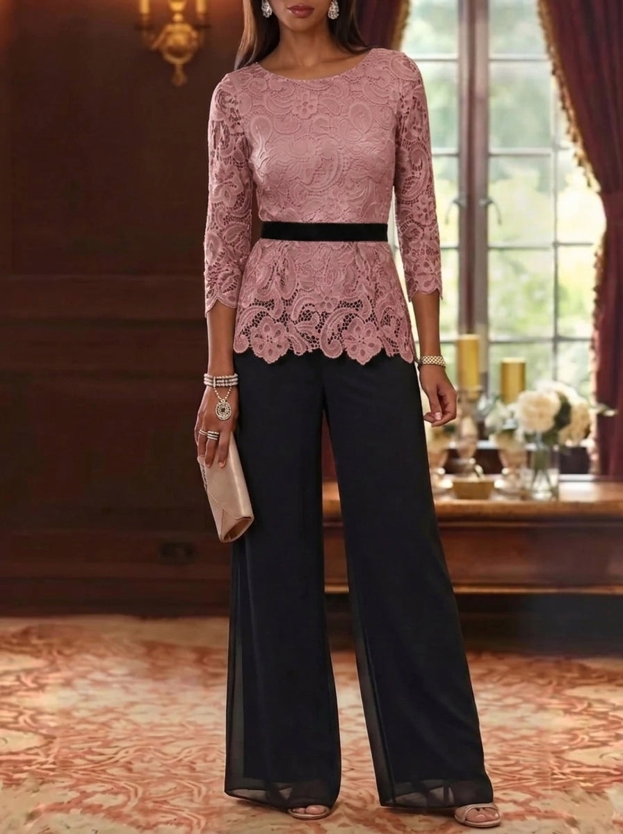 2 Piece Scoop Chiffon Mother of the Bride Pantsuits Lace 3/4 Sleeves Ankle-Length Belt