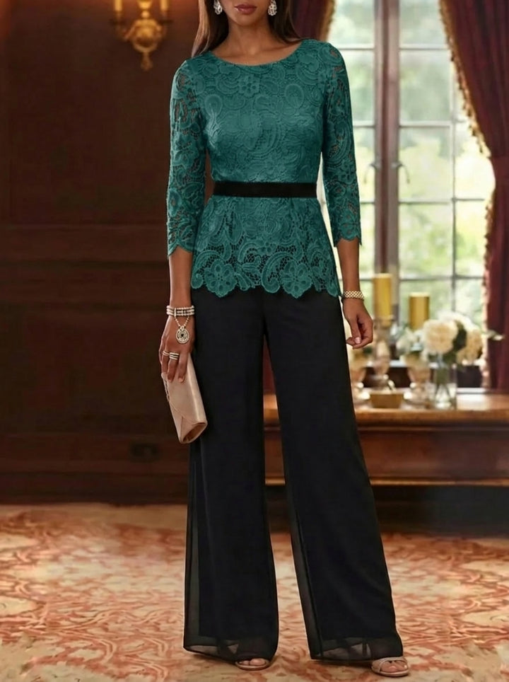 2 Piece Scoop Chiffon Mother of the Bride Pantsuits Lace 3/4 Sleeves Ankle-Length Belt