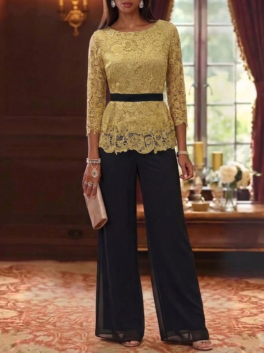 2 Piece Scoop Chiffon Mother of the Bride Pantsuits Lace 3/4 Sleeves Ankle-Length Belt