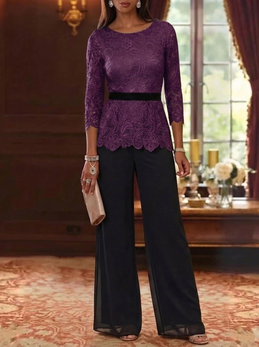 2 Piece Scoop Chiffon Mother of the Bride Pantsuits Lace 3/4 Sleeves Ankle-Length Belt