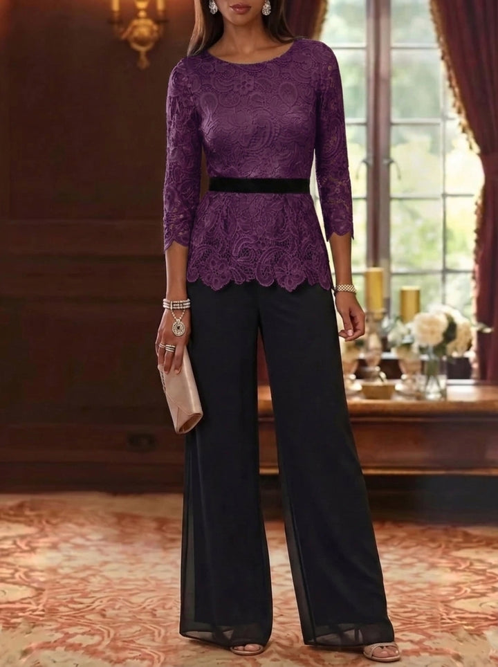 2 Piece Scoop Chiffon Mother of the Bride Pantsuits Lace 3/4 Sleeves Ankle-Length Belt