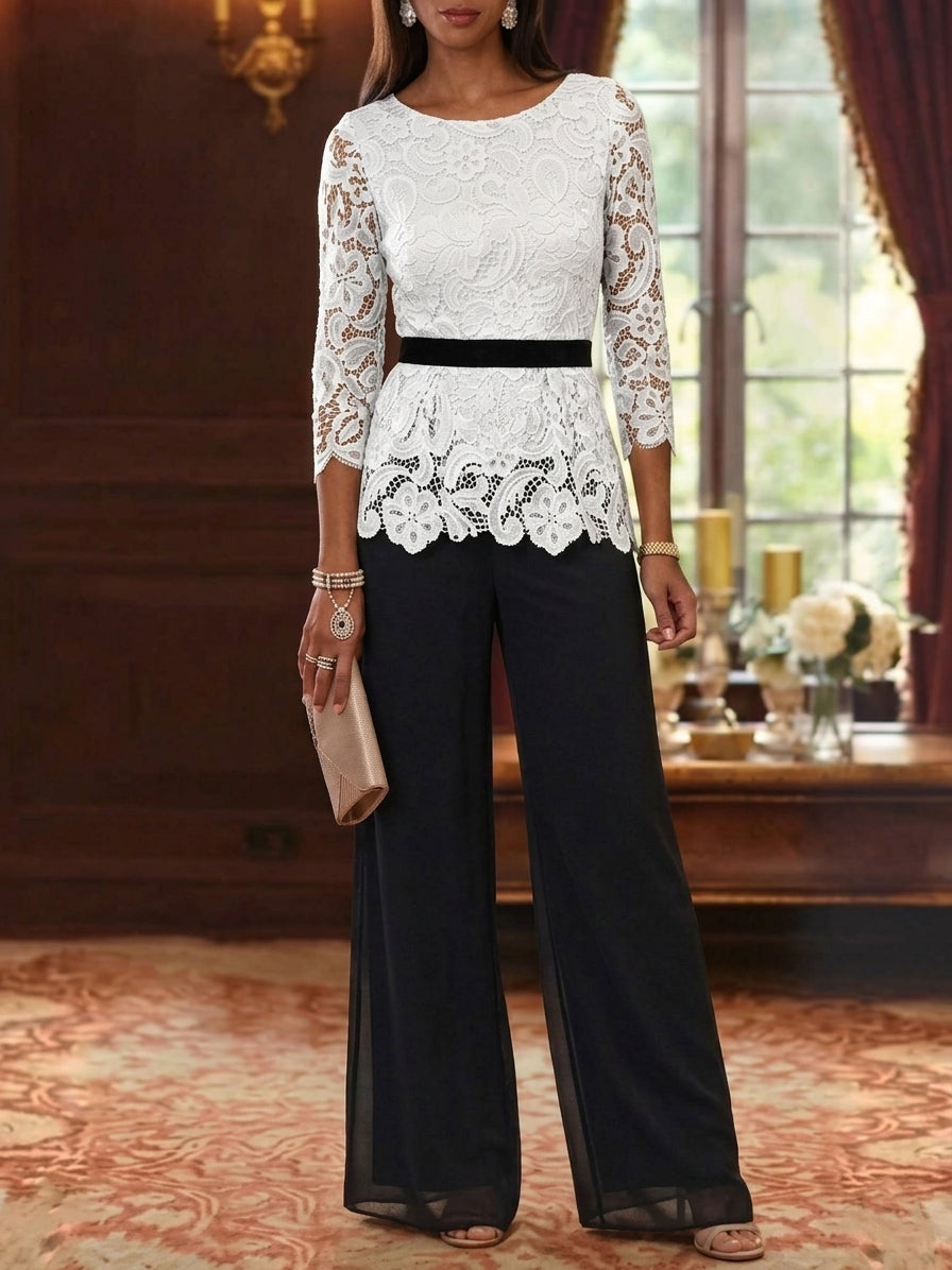 ankle length chiffon pantsuit with belt for wedding
