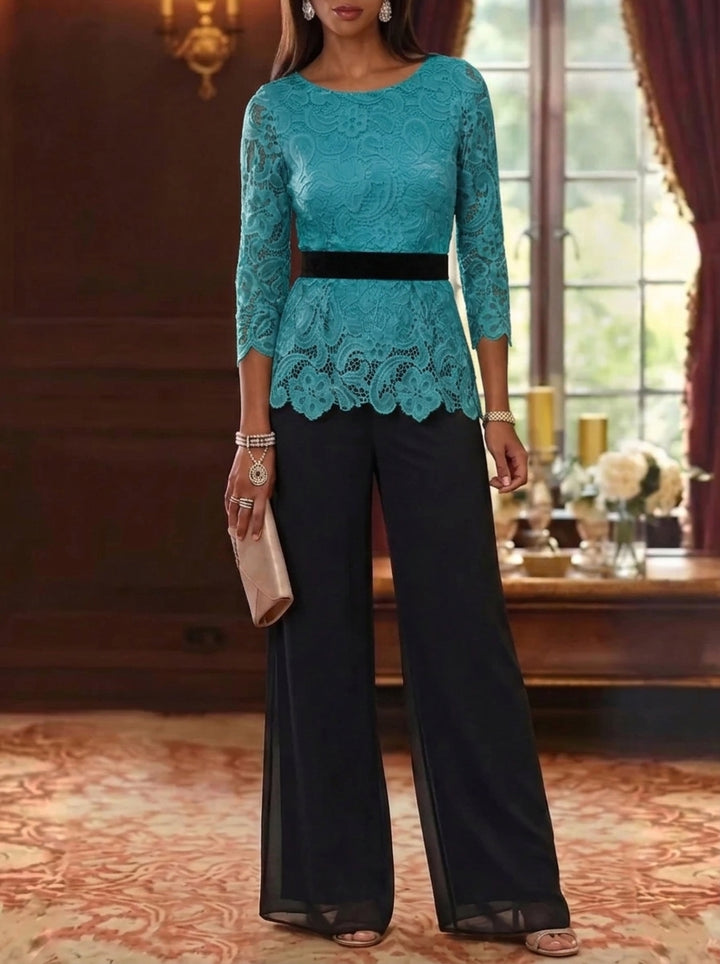 2 Piece Scoop Chiffon Mother of the Bride Pantsuits Lace 3/4 Sleeves Ankle-Length Belt