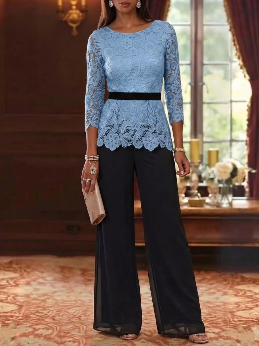 2 Piece Scoop Chiffon Mother of the Bride Pantsuits Lace 3/4 Sleeves Ankle-Length Belt
