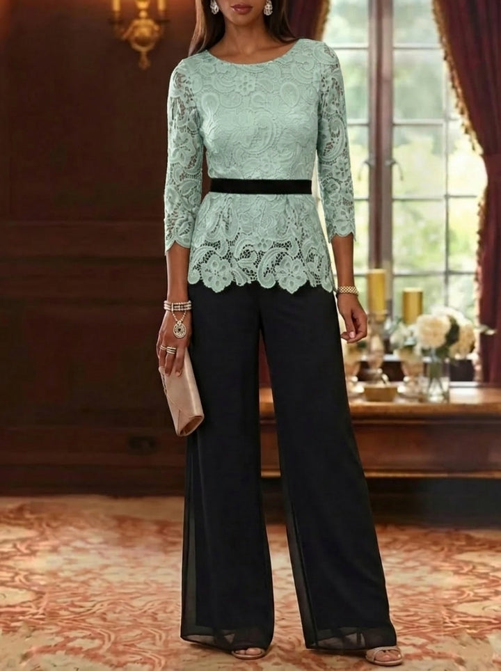 2 Piece Scoop Chiffon Mother of the Bride Pantsuits Lace 3/4 Sleeves Ankle-Length Belt
