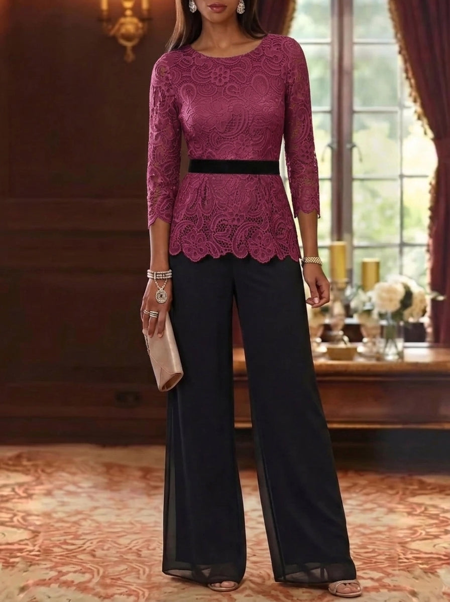 2 Piece Scoop Chiffon Mother of the Bride Pantsuits Lace 3/4 Sleeves Ankle-Length Belt