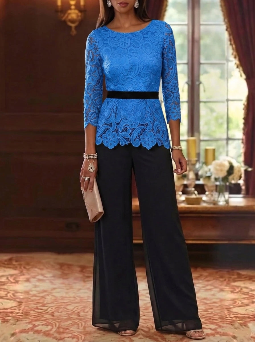 2 Piece Scoop Chiffon Mother of the Bride Pantsuits Lace 3/4 Sleeves Ankle-Length Belt