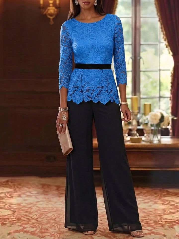 2 Piece Scoop Chiffon Mother of the Bride Pantsuits Lace 3/4 Sleeves Ankle-Length Belt