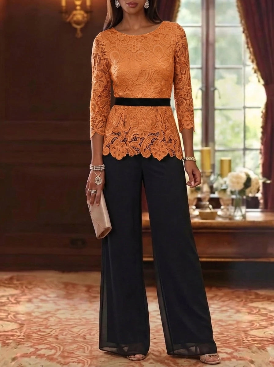 2 Piece Scoop Chiffon Mother of the Bride Pantsuits Lace 3/4 Sleeves Ankle-Length Belt