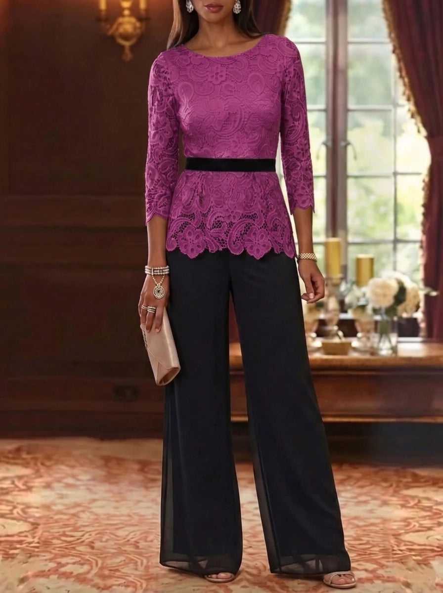 2 Piece Scoop Chiffon Mother of the Bride Pantsuits Lace 3/4 Sleeves Ankle-Length Belt