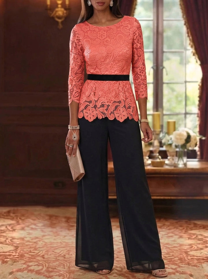 2 Piece Scoop Chiffon Mother of the Bride Pantsuits Lace 3/4 Sleeves Ankle-Length Belt