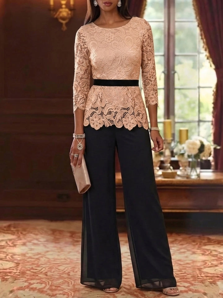 2 Piece Scoop Chiffon Mother of the Bride Pantsuits Lace 3/4 Sleeves Ankle-Length Belt