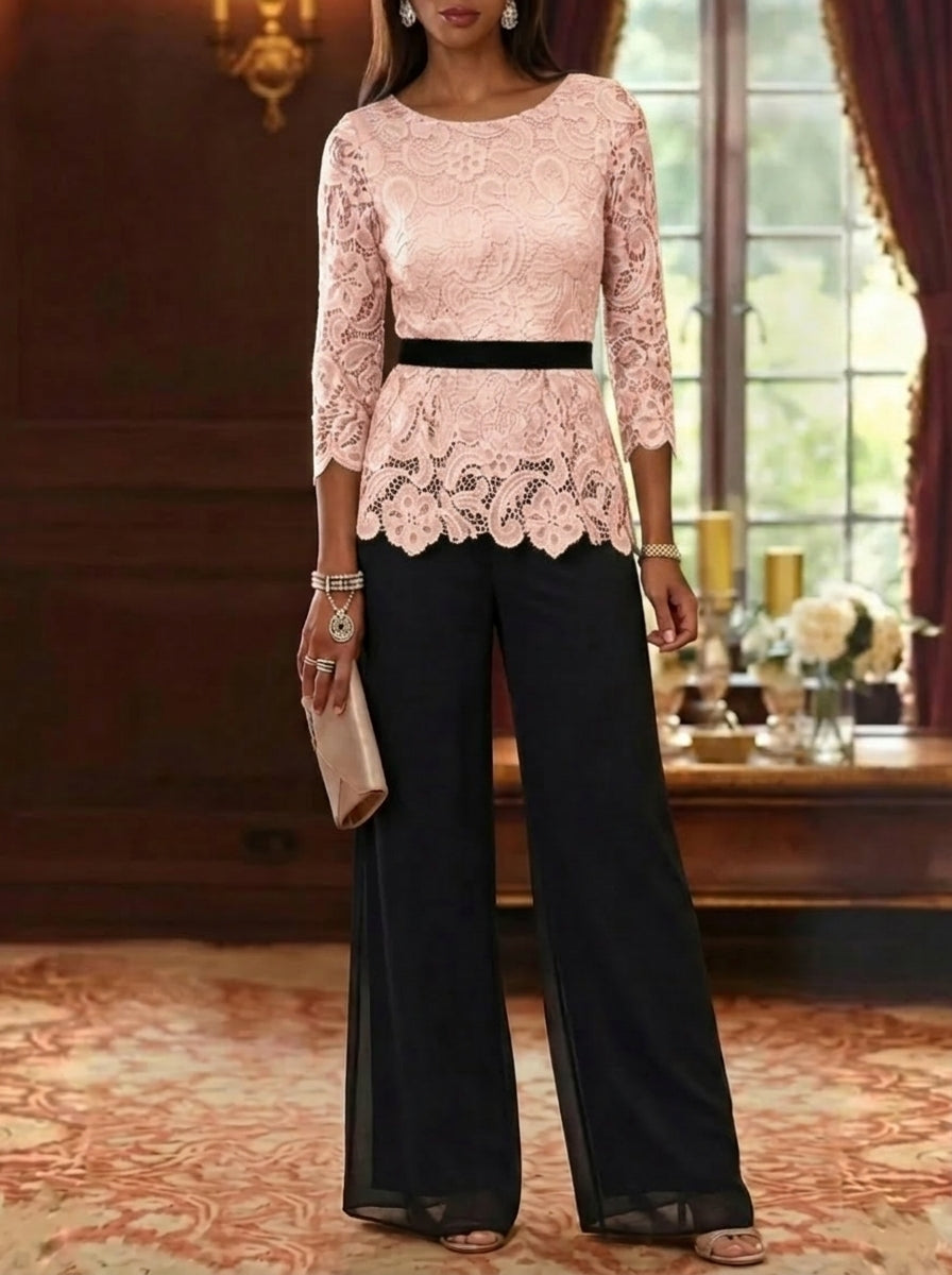 2 Piece Scoop Chiffon Mother of the Bride Pantsuits Lace 3/4 Sleeves Ankle-Length Belt