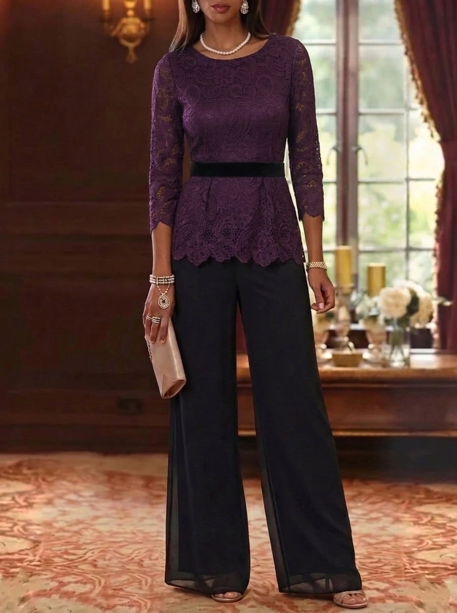 2 Piece Scoop Chiffon Mother of the Bride Pantsuits Lace 3/4 Sleeves Ankle-Length Belt