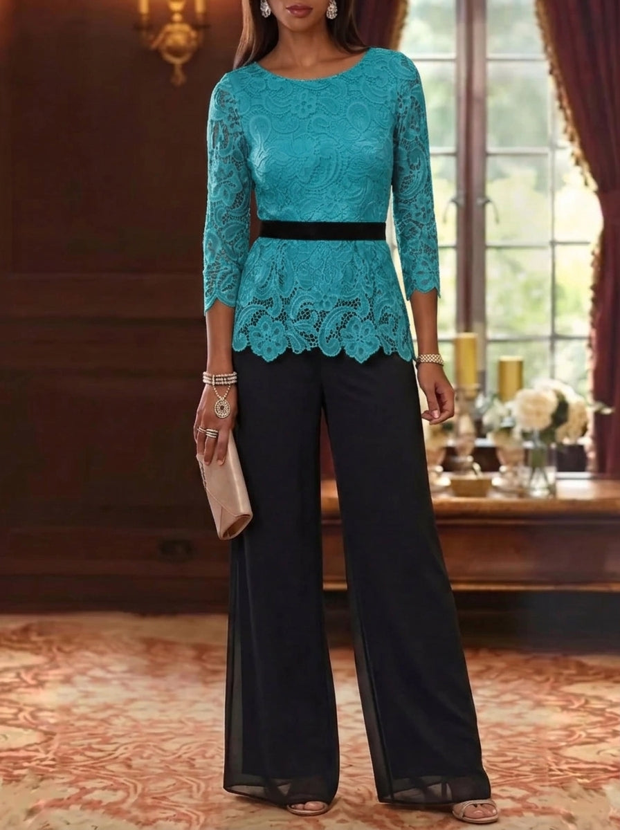 2 Piece Scoop Chiffon Mother of the Bride Pantsuits Lace 3/4 Sleeves Ankle-Length Belt