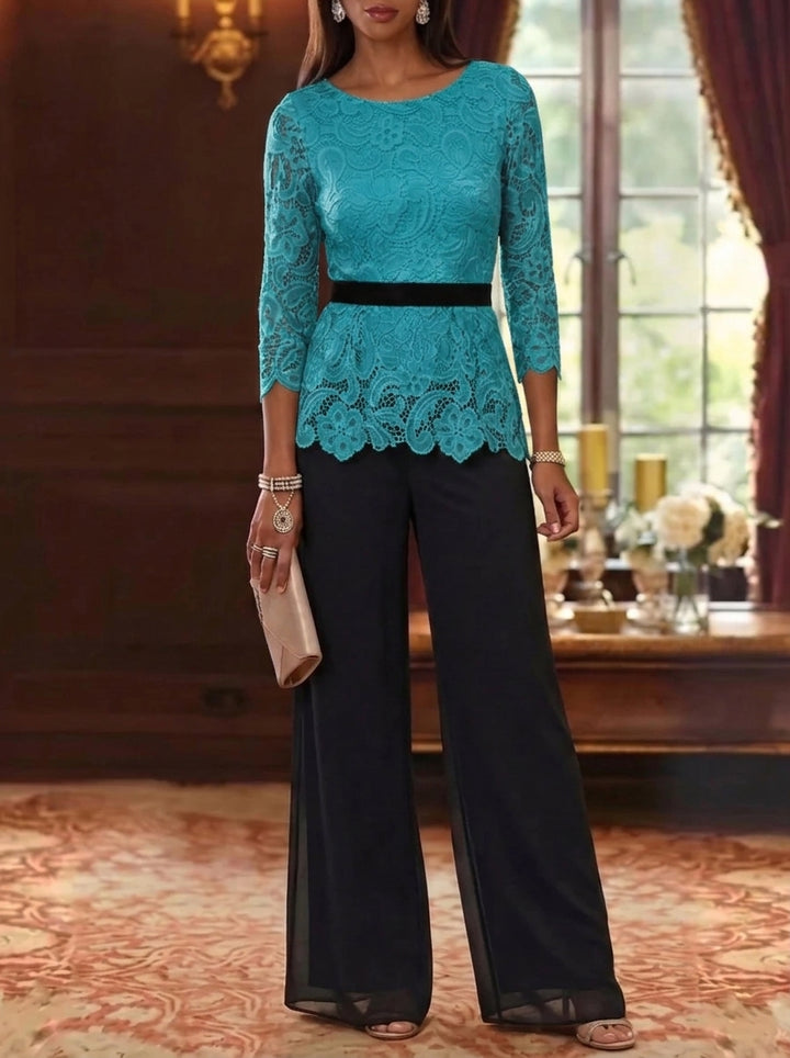 2 Piece Scoop Chiffon Mother of the Bride Pantsuits Lace 3/4 Sleeves Ankle-Length Belt