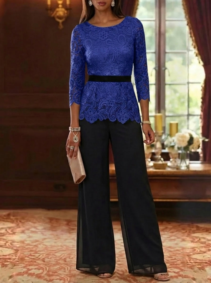 2 Piece Scoop Chiffon Mother of the Bride Pantsuits Lace 3/4 Sleeves Ankle-Length Belt