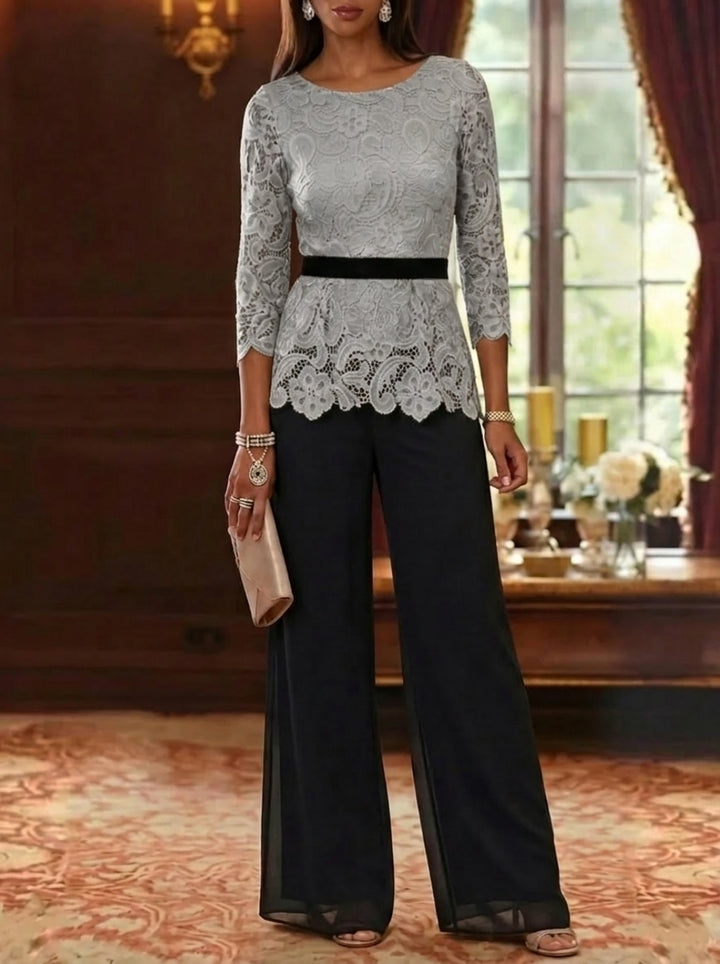 2 Piece Scoop Chiffon Mother of the Bride Pantsuits Lace 3/4 Sleeves Ankle-Length Belt