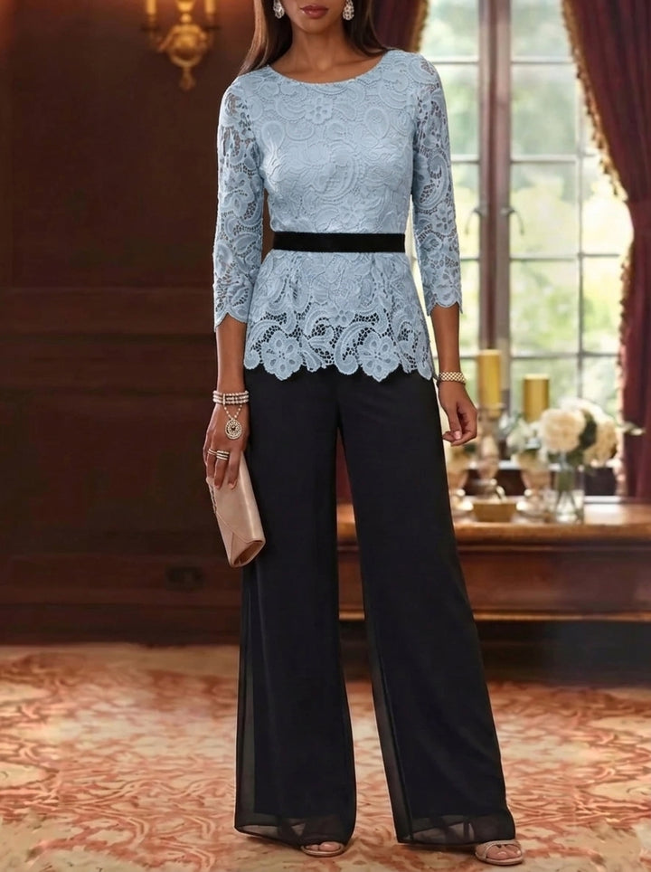 2 Piece Scoop Chiffon Mother of the Bride Pantsuits Lace 3/4 Sleeves Ankle-Length Belt