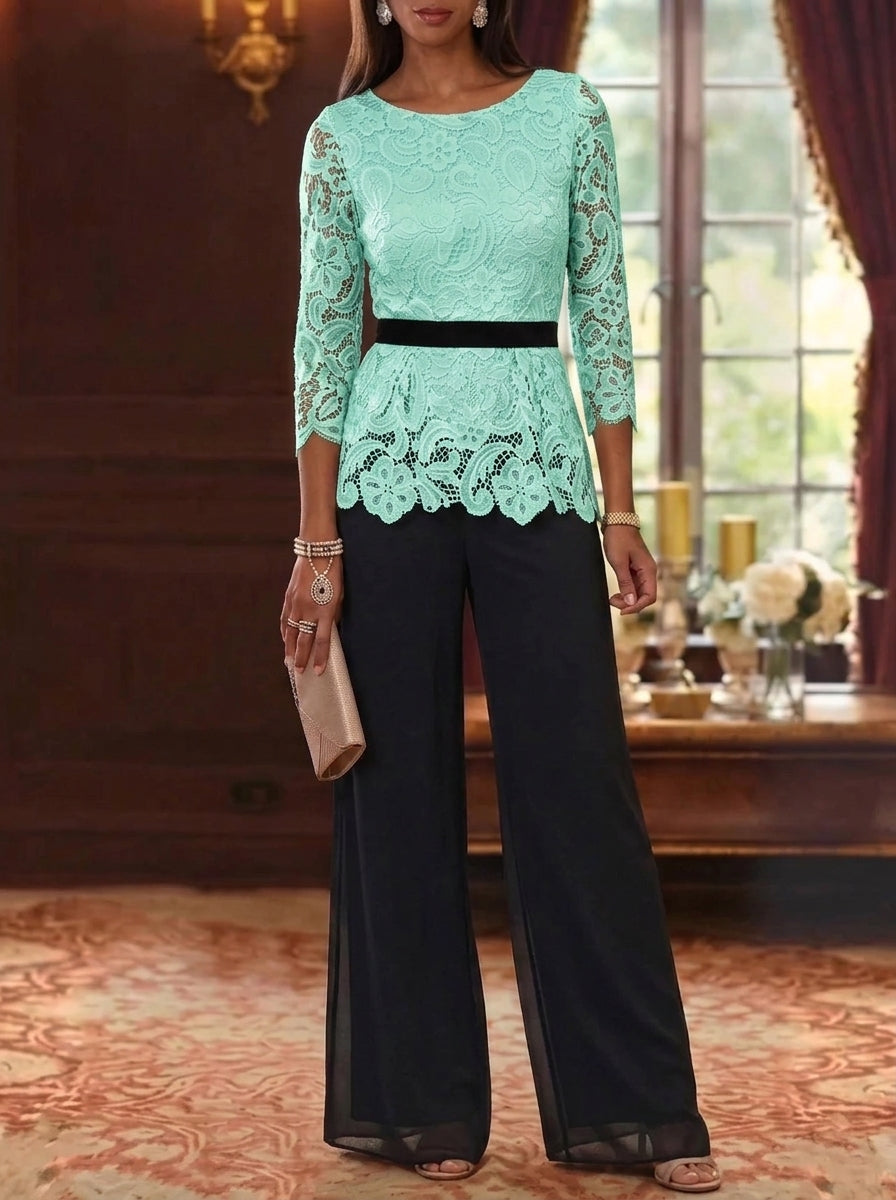 2 Piece Scoop Chiffon Mother of the Bride Pantsuits Lace 3/4 Sleeves Ankle-Length Belt