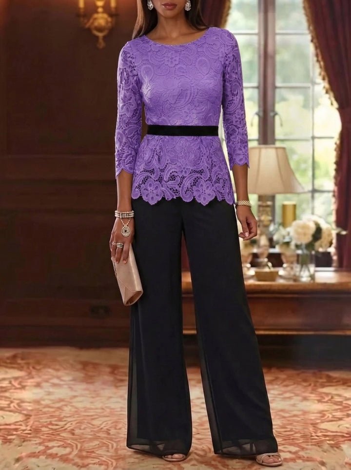 2 Piece Scoop Chiffon Mother of the Bride Pantsuits Lace 3/4 Sleeves Ankle-Length Belt