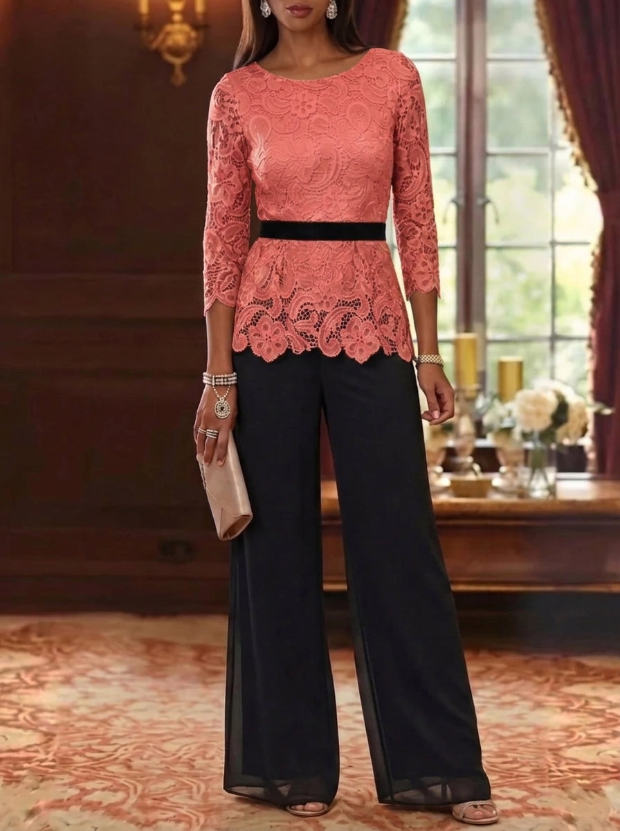 2 Piece Scoop Chiffon Mother of the Bride Pantsuits Lace 3/4 Sleeves Ankle-Length Belt