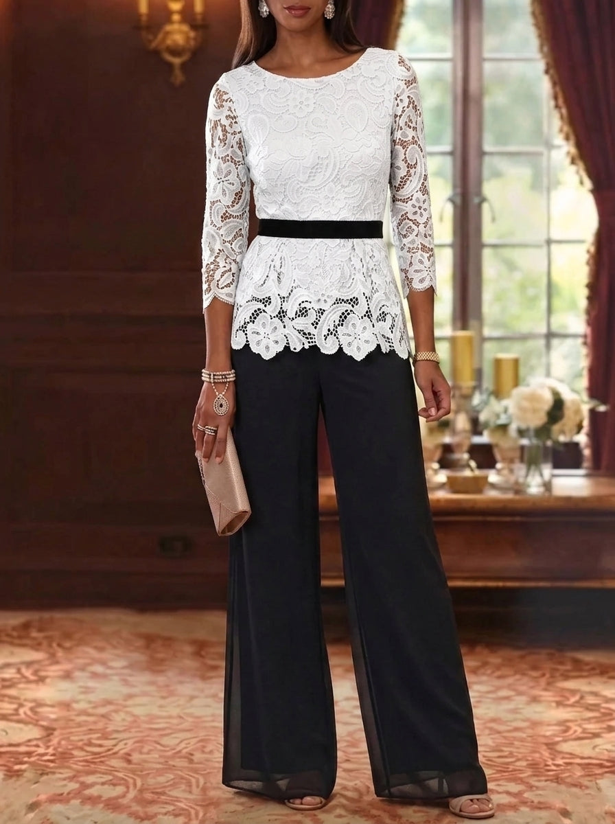 2 Piece Scoop Chiffon Mother of the Bride Pantsuits Lace 3/4 Sleeves Ankle-Length Belt