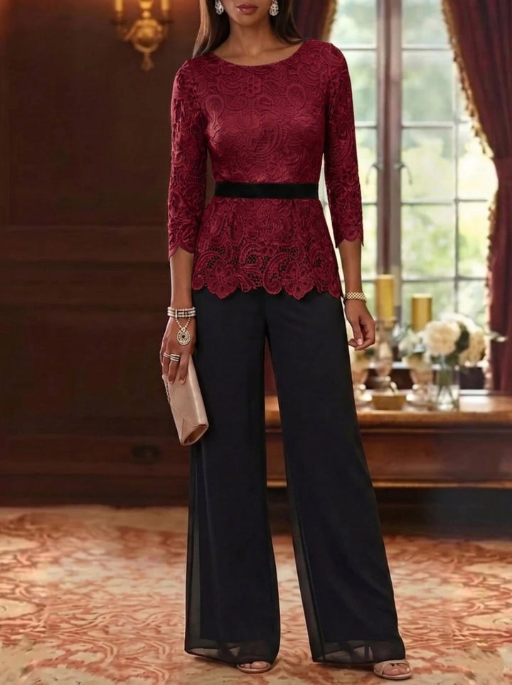 2 Piece Scoop Chiffon Mother of the Bride Pantsuits Lace 3/4 Sleeves Ankle-Length Belt