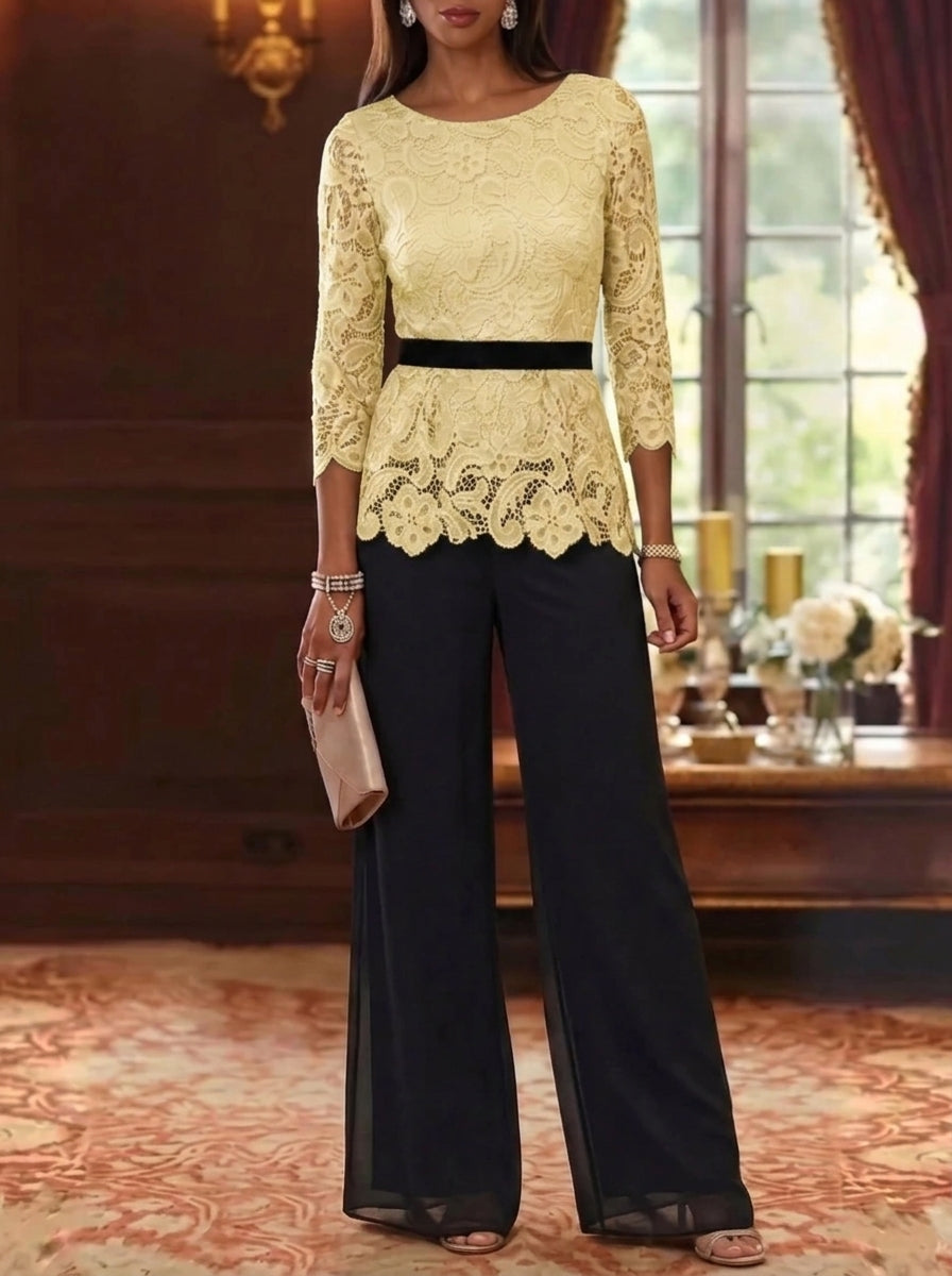 2 Piece Scoop Chiffon Mother of the Bride Pantsuits Lace 3/4 Sleeves Ankle-Length Belt