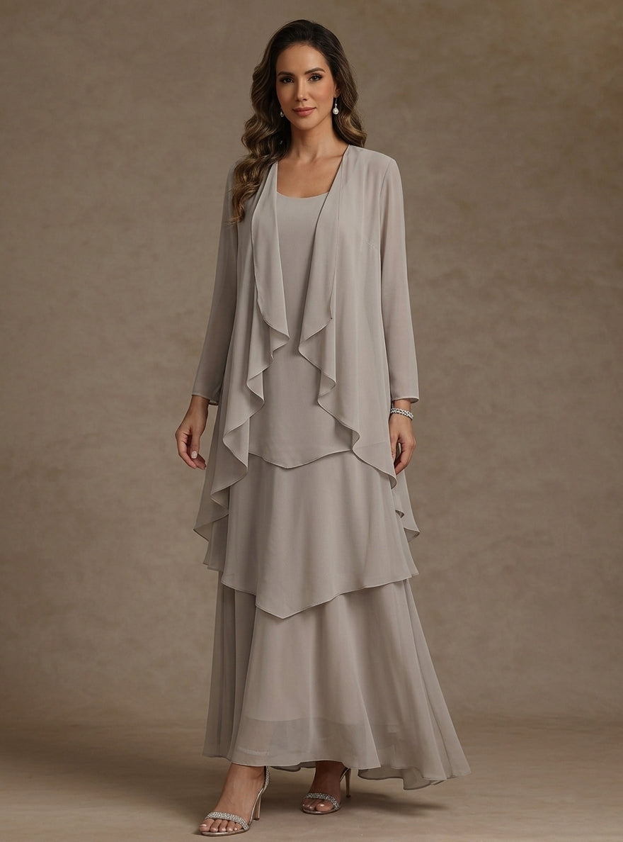 A-Line/Princess Scoop Chiffon Mother of the Bride Dresses with Jacket & Ruffles Long Sleeves Ankle-Length