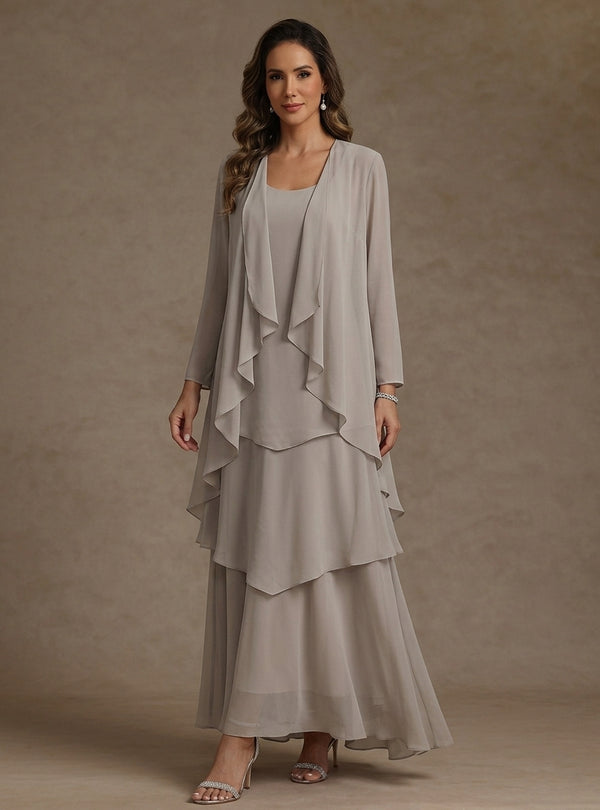 A-Line/Princess Scoop Chiffon Mother of the Bride Dresses with Jacket & Ruffles Long Sleeves Ankle-Length