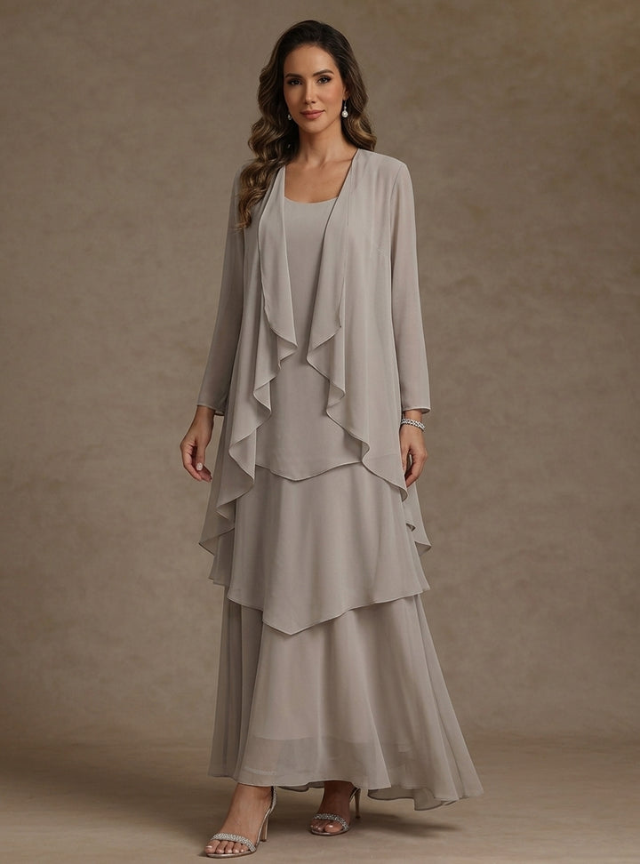 A-Line/Princess Scoop Chiffon Mother of the Bride Dresses with Jacket & Ruffles Long Sleeves Ankle-Length