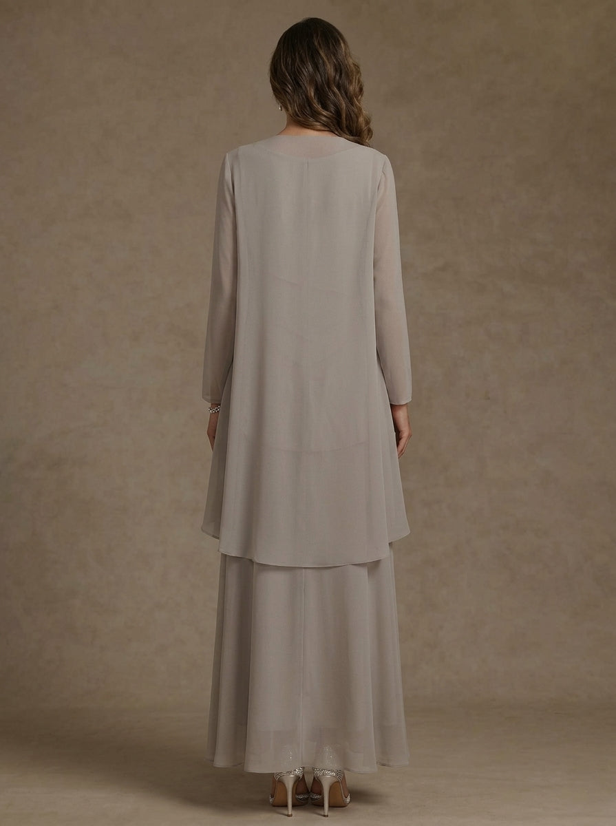 A-Line/Princess Scoop Chiffon Mother of the Bride Dresses with Jacket & Ruffles Long Sleeves Ankle-Length