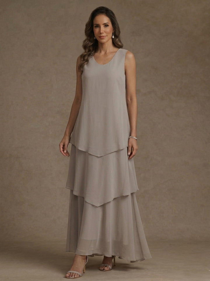 A-Line/Princess Scoop Chiffon Mother of the Bride Dresses with Jacket & Ruffles Long Sleeves Ankle-Length
