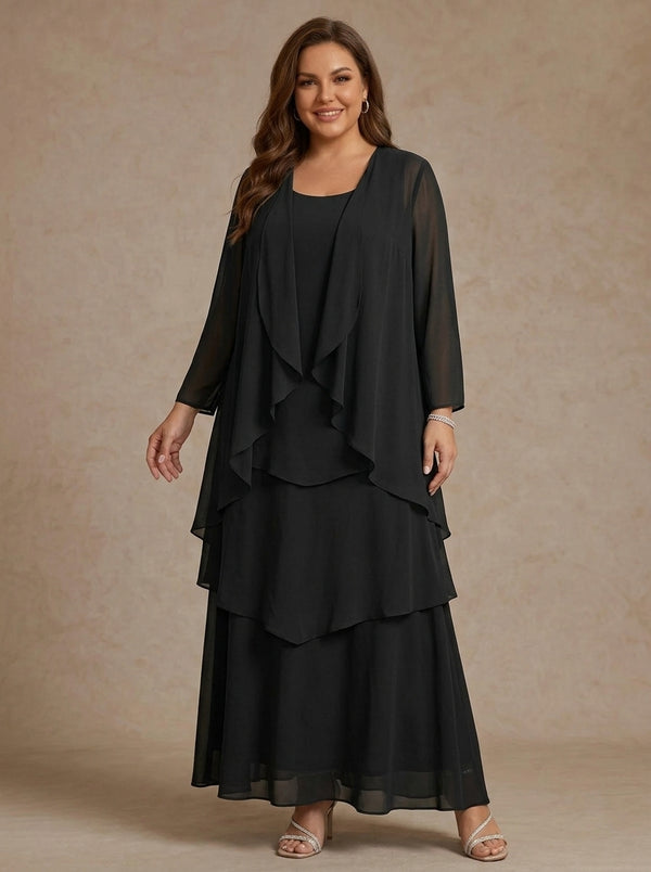 A-Line/Princess Scoop Chiffon Plus Size Mother of the Bride Dresses with Jacket & Ruffles Long Sleeves Ankle-Length