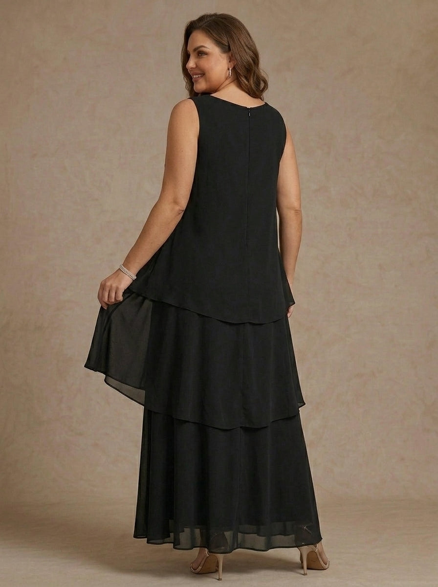 A-Line/Princess Scoop Chiffon Plus Size Mother of the Bride Dresses with Jacket & Ruffles Long Sleeves Ankle-Length