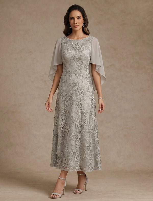 A-Line/Princess Scoop Lace Mother of the Bride Dresses Chiffon Cape Sleeves Floral Tea-Length