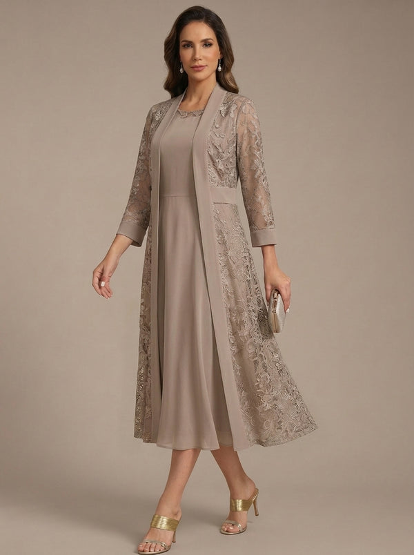 A-Line/Princess Scoop Chiffon Mother of the Bride Dresses with Lace Jacket 3/4 Sleeves Tea-Length
