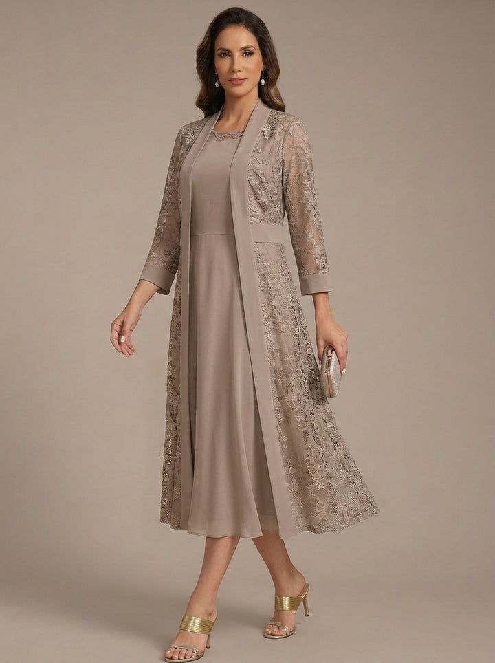 A-Line/Princess Scoop Chiffon Mother of the Bride Dresses with Lace Jacket 3/4 Sleeves Tea-Length