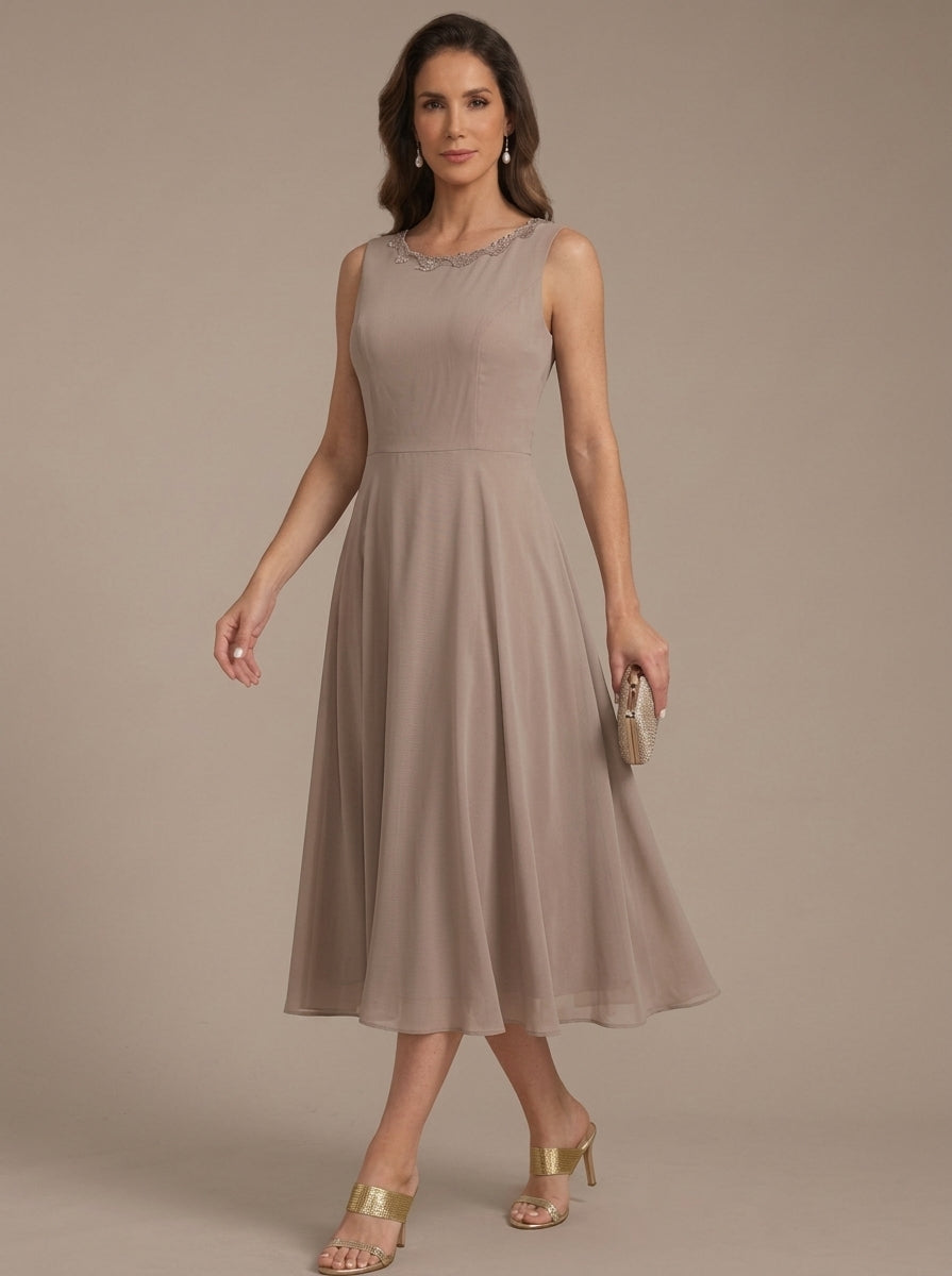 A-Line/Princess Scoop Chiffon Mother of the Bride Dresses with Lace Jacket 3/4 Sleeves Tea-Length