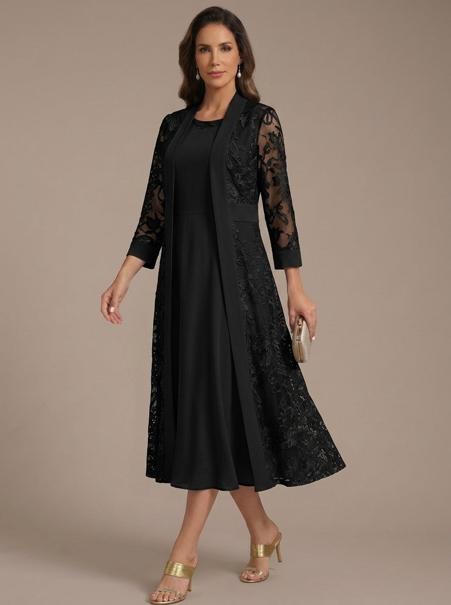 A-Line/Princess Scoop Chiffon Mother of the Bride Dresses with Lace Jacket 3/4 Sleeves Tea-Length