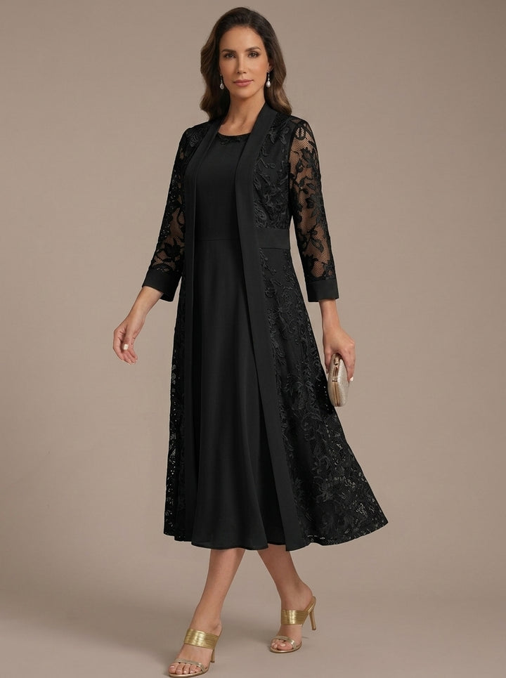 A-Line/Princess Scoop Chiffon Mother of the Bride Dresses with Lace Jacket 3/4 Sleeves Tea-Length