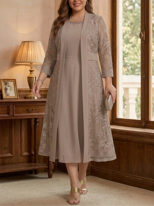 A-Line/Princess Scoop Chiffon Plus Size Mother of the Bride Dresses with Lace Jacket 3/4 Sleeves Tea-Length