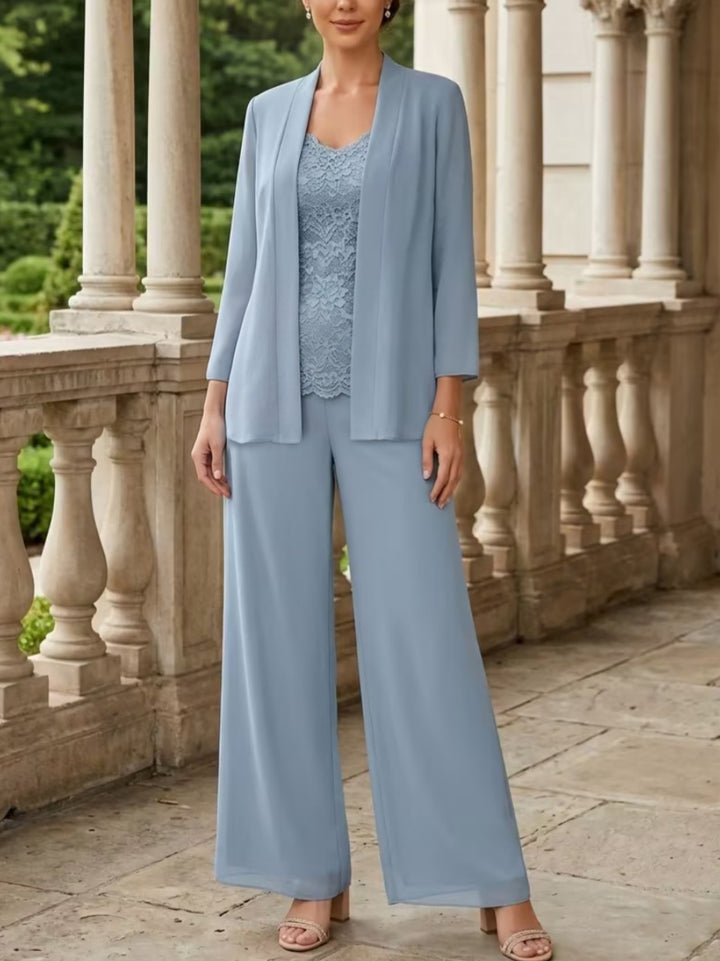 3 Pieces Suit V-Neck Chiffon Mother of the Bride Pantsuits with Jacket 3/4 Sleeves Lace Ankle-Length