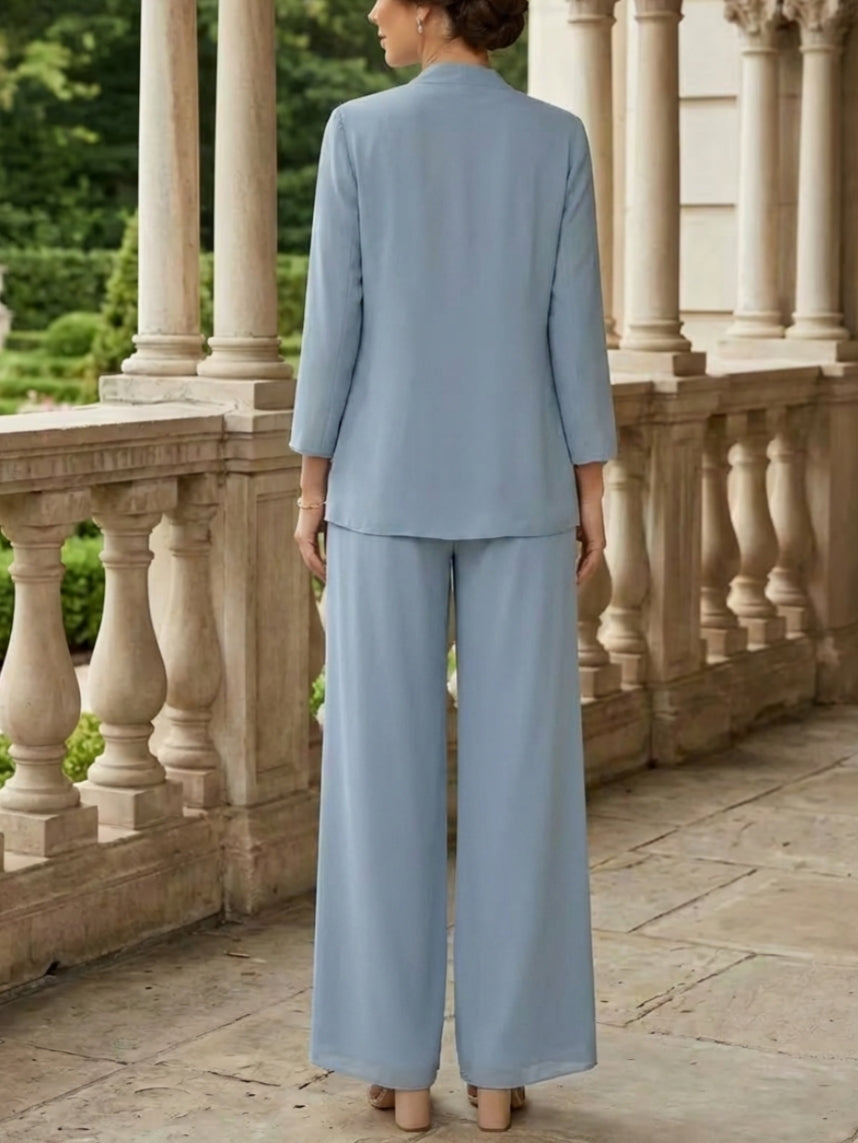 3 Pieces Suit V-Neck Chiffon Mother of the Bride Pantsuits with Jacket 3/4 Sleeves Lace Ankle-Length