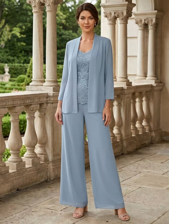 3 Pieces Suit V-Neck Chiffon Mother of the Bride Pantsuits with Jacket 3/4 Sleeves Lace Ankle-Length