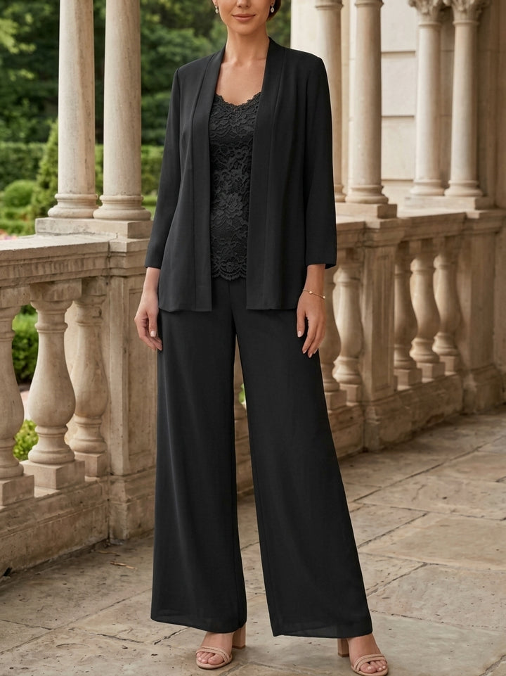 3 Pieces Suit V-Neck Chiffon Mother of the Bride Pantsuits with Jacket 3/4 Sleeves Lace Ankle-Length