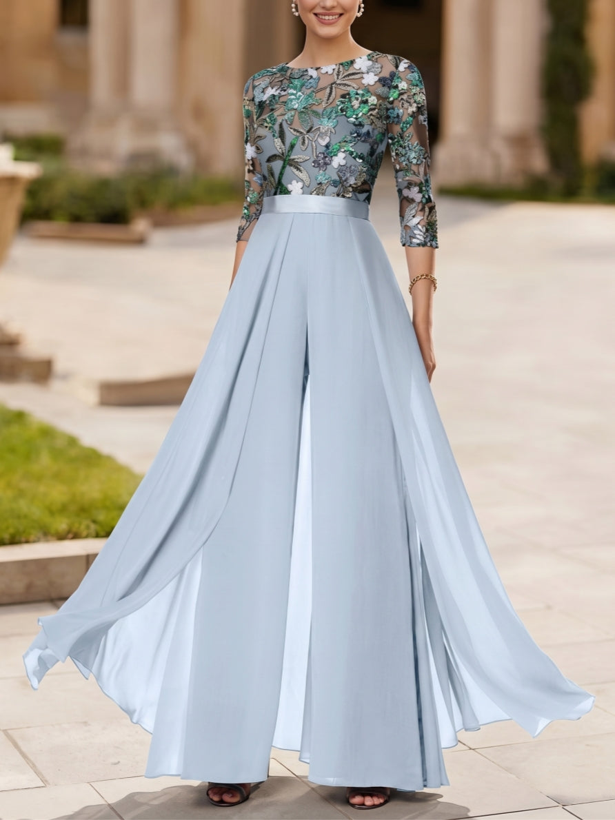 Jumpsuit Scoop Chiffon Mother of the Bride Jumpsuit with Overskirt 3/4 Sleeves Floral Sequins Floor-Length, Sky Blue